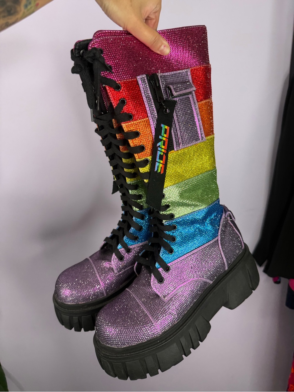 Club Exx Rainbow Rhinestone Platform Combat Boots, sz 9 - Picture 1 of 5